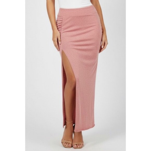 Free People Beach Pink Side Ruched & Slit Maxi Skirt | Coastal Boho Clean Girl M - Picture 2 of 16